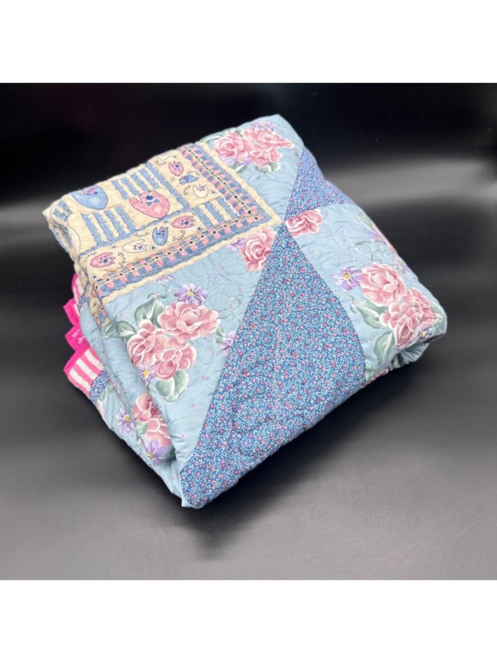 Vintage Patchwork Quilted Lap Throw Blanket Blue Cats Pink Rose Floral Cottage